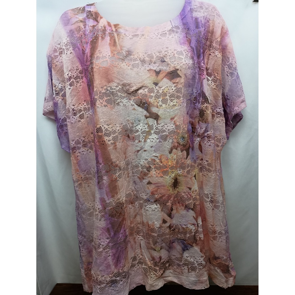 Chicos 3 sheer Floral Lace Tunic Top Purple Pink Orange Watercolor boho fairy